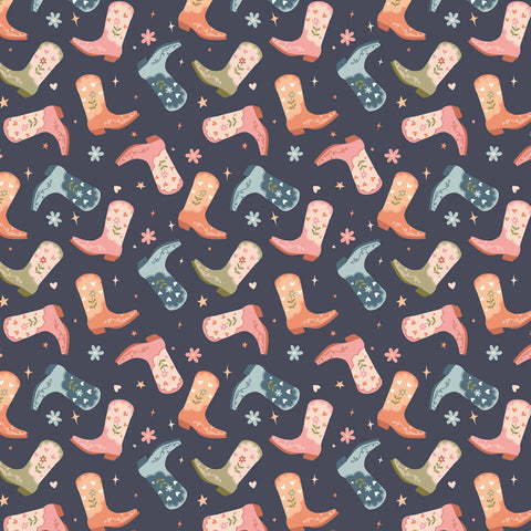Petals and Pony Luck Navy Cowgirl Kicks Yardage by Softly Studio for Cloud9 Fabrics