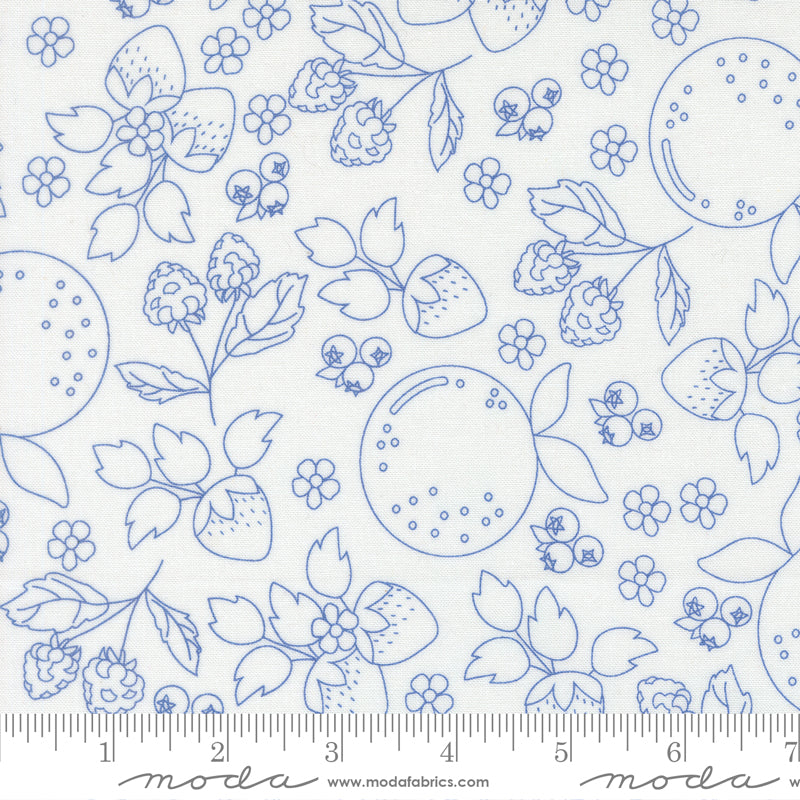 Fruit Salad Off White Cobalt Fruit Sketch Yardage by Corey Yoder for Moda Fabrics