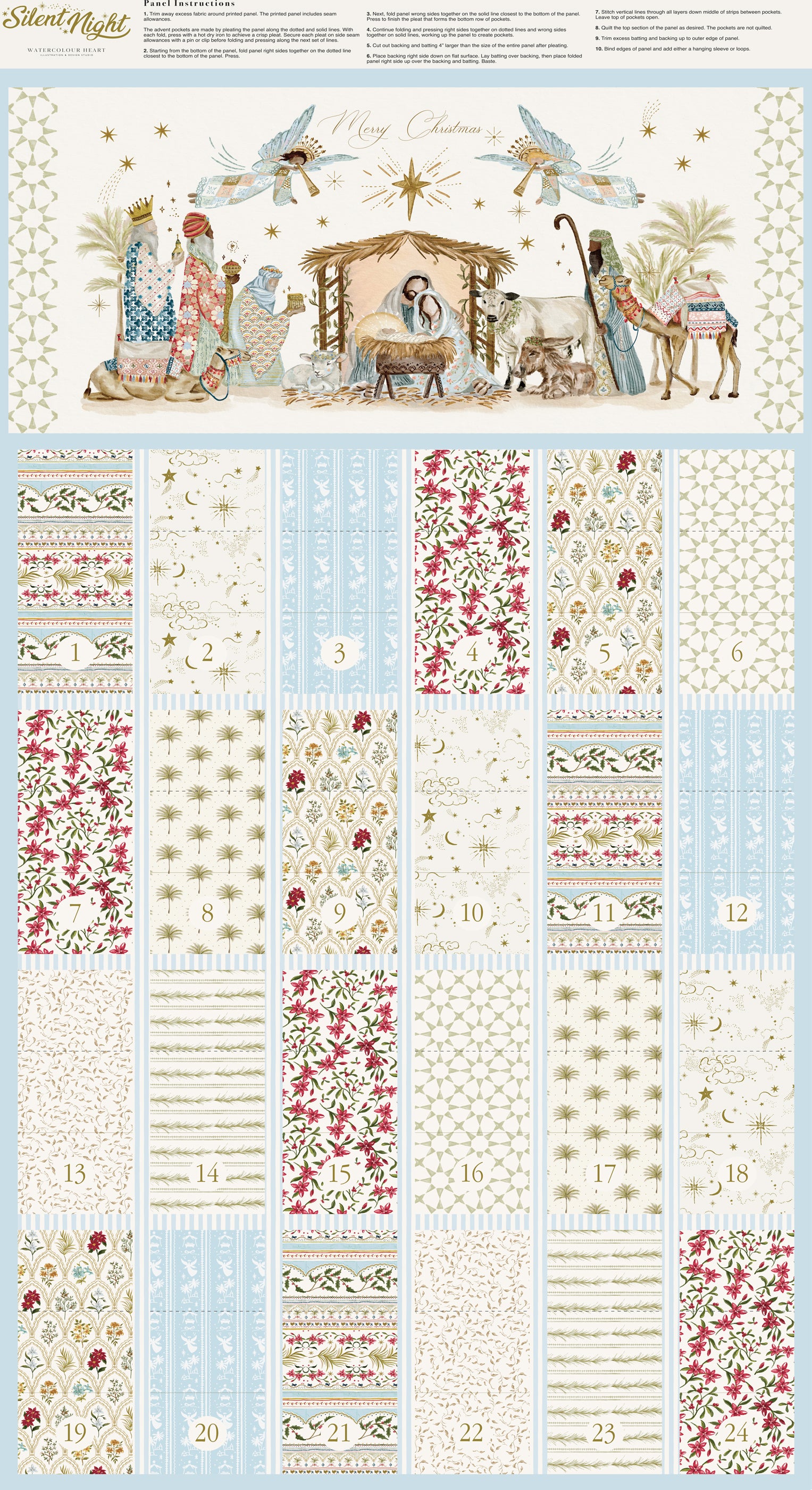 Silent Night Lamb Advent Calendar Panel by Watercolour Heart for Moda Fabrics