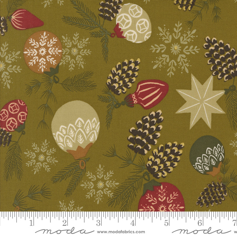 Old World Yuletide Pickle Branch and Baubles Metallic Yardage by Fancy That Design House for Moda Fabrics