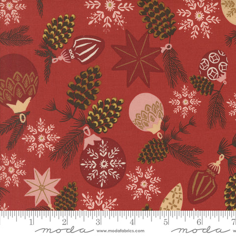 Old World Yuletide Poinsettia Branch and Baubles Metallic Yardage by Fancy That Design House for Moda Fabrics