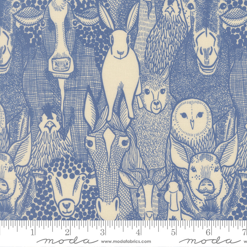 The Henhouse Cobalt Barnyard Faces Yardage by Gingiber for Moda Fabrics