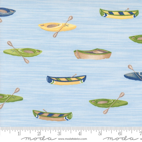 On Lake Time Sky Blue Canoes and Kayaks Yardage by Deb Strain for Moda Fabrics