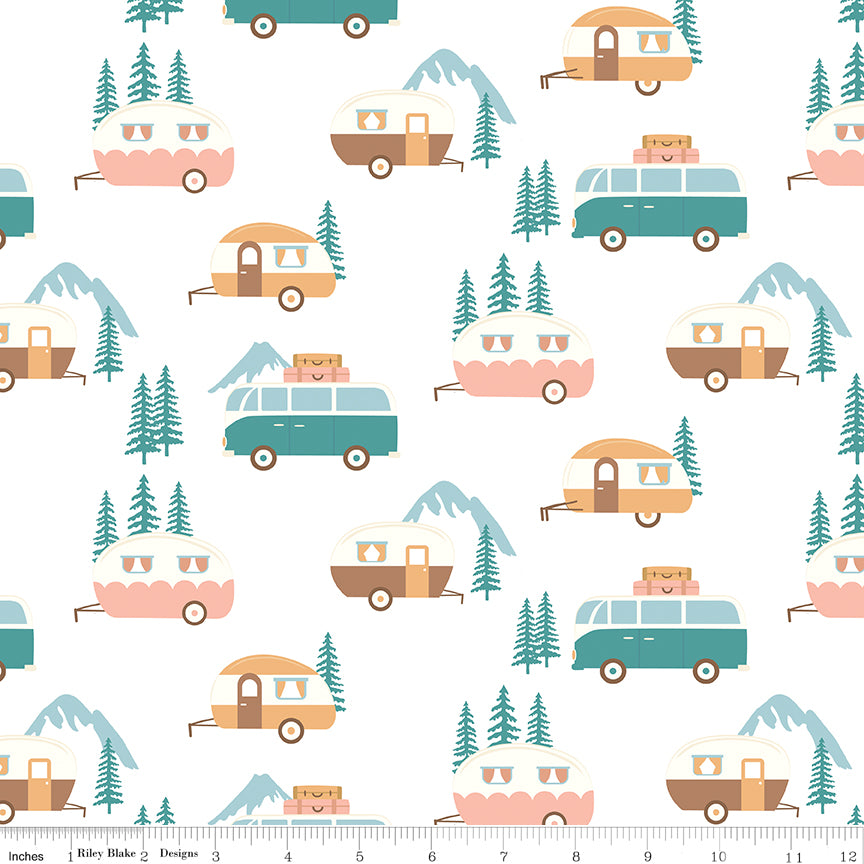 Live, Love, Glamp White Trailers Yardage by Dani Mogstad for Riley Blake Designs