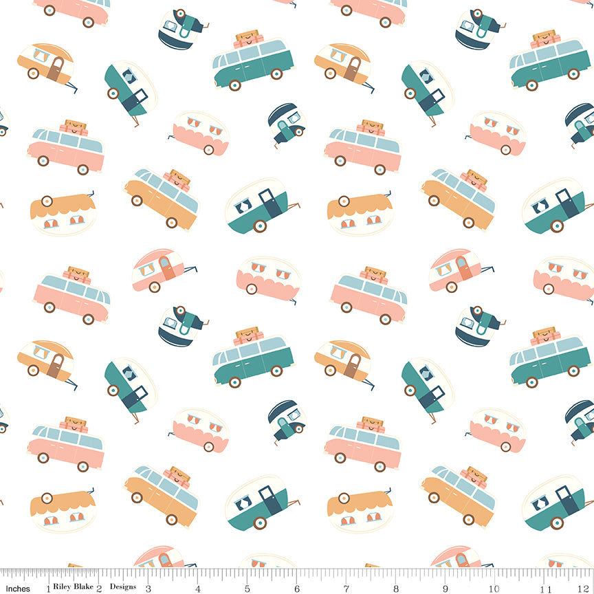 Live, Love, Glamp White Trailer Toss Yardage by Dani Mogstad for Riley Blake Designs