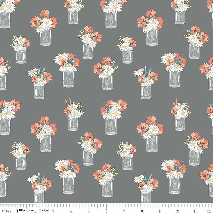 Sunshine and Sweet Tea Gray Mason Jar Bouquets Yardage by Amanda Castor for Riley Blake Designs