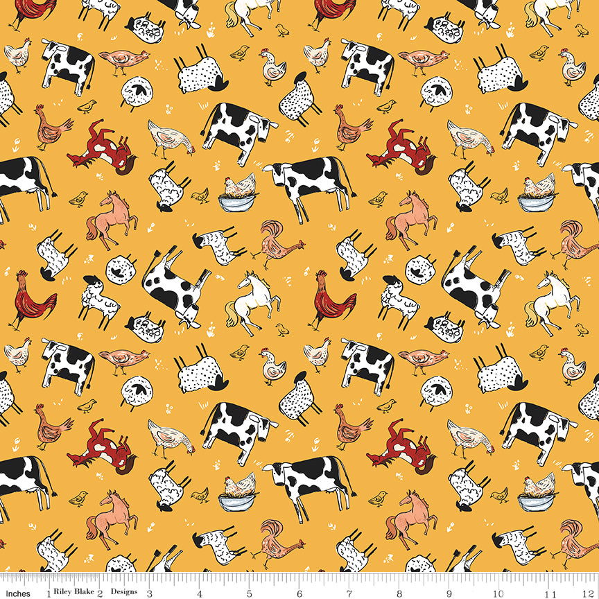 Farm Livin' Yellow Animal Toss Yardage by Diane Labombarbe for Riley Blake Designs