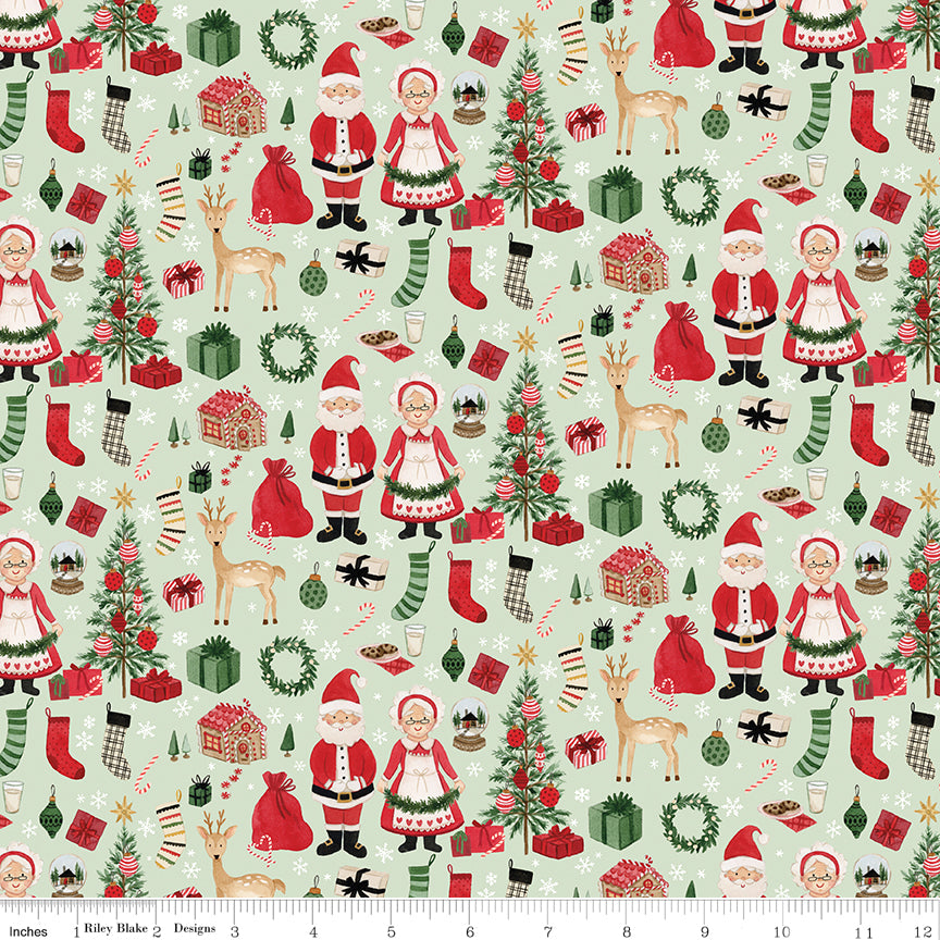Charming Christmas Mint Santa & Mrs. Claus Yardage by Kelsey Carlson for Riley Blake Designs