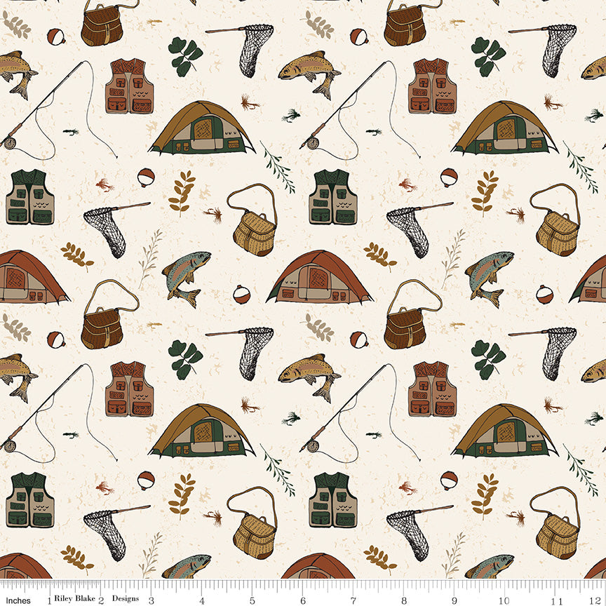 Let's Wander Cream Gone Fishing Yardage by Casey Cometti for Riley Blake Designs