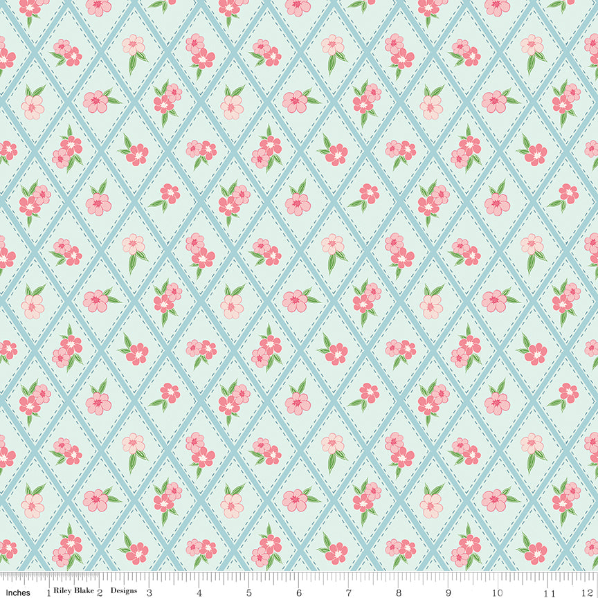 Correspondence Washed Denim Stitched Flowers Yardage by Beverly McCullough for Riley Blake Designs
