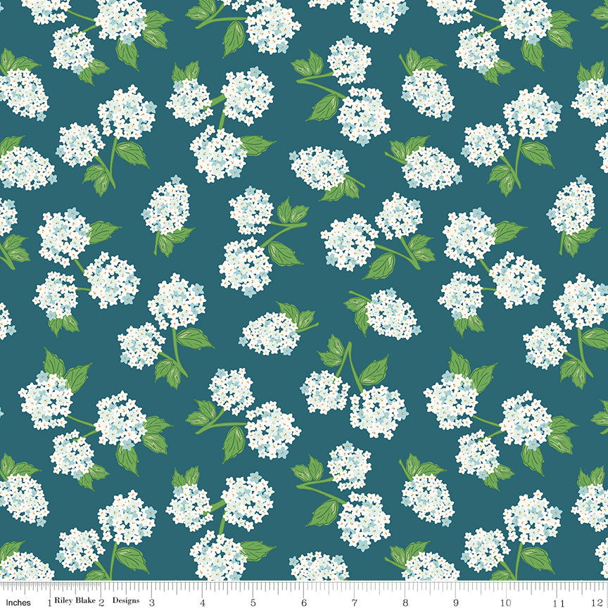 Correspondence Colonial Blue Hydrangeas Yardage by Beverly McCullough for Riley Blake Designs