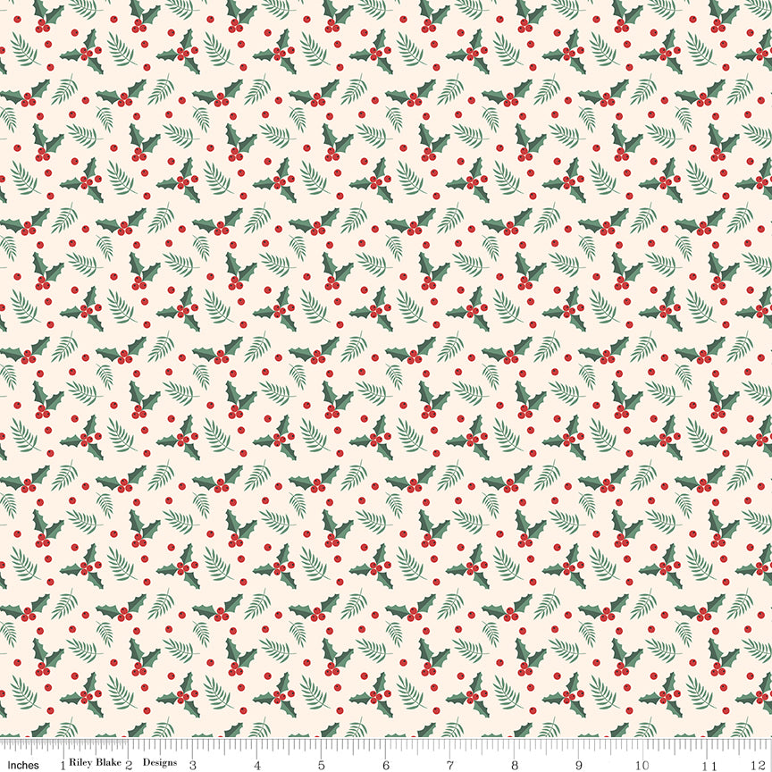 Evergreen Wishes Cream Holly Berries Yardage by Traci Reed for Riley Blake Designs