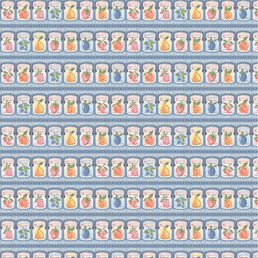 Homegrown Preserves Blue Summer Canning Yardage by Sheri McCulley for Poppie Cotton Fabrics