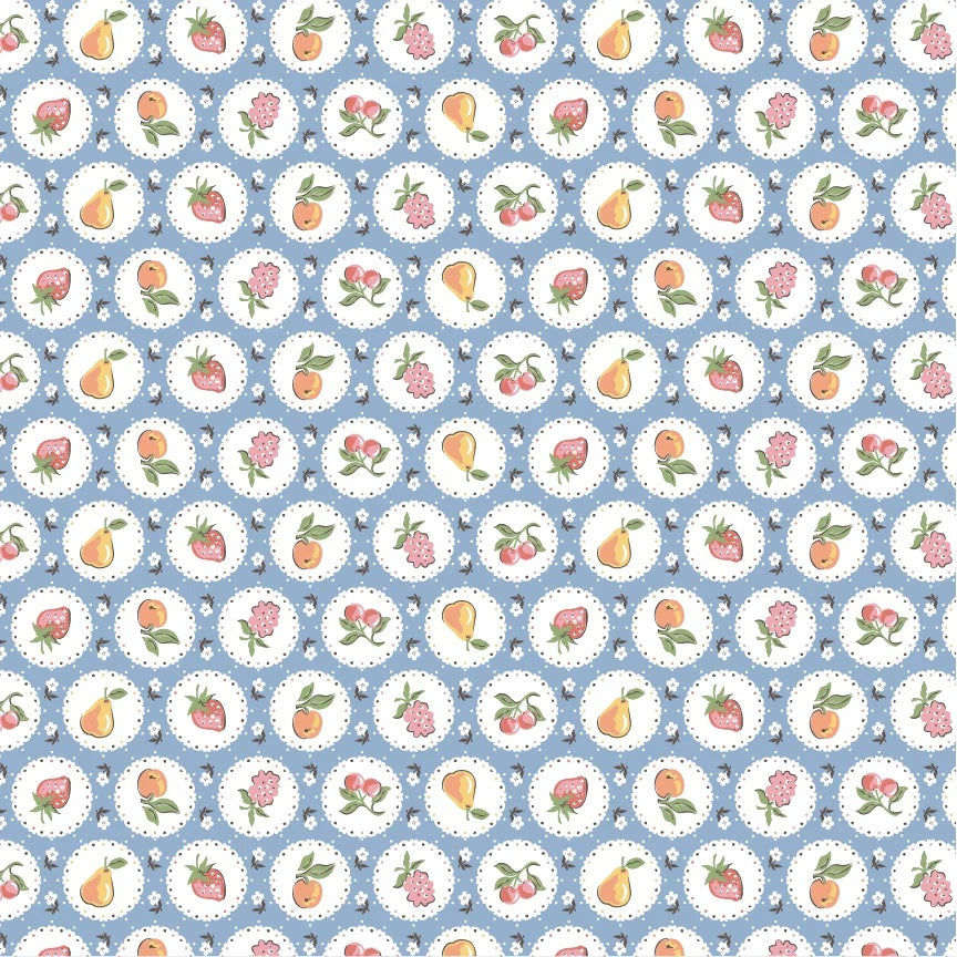 Homegrown Preserves Blue Fruit Plate Yardage by Sheri McCulley for Poppie Cotton Fabrics