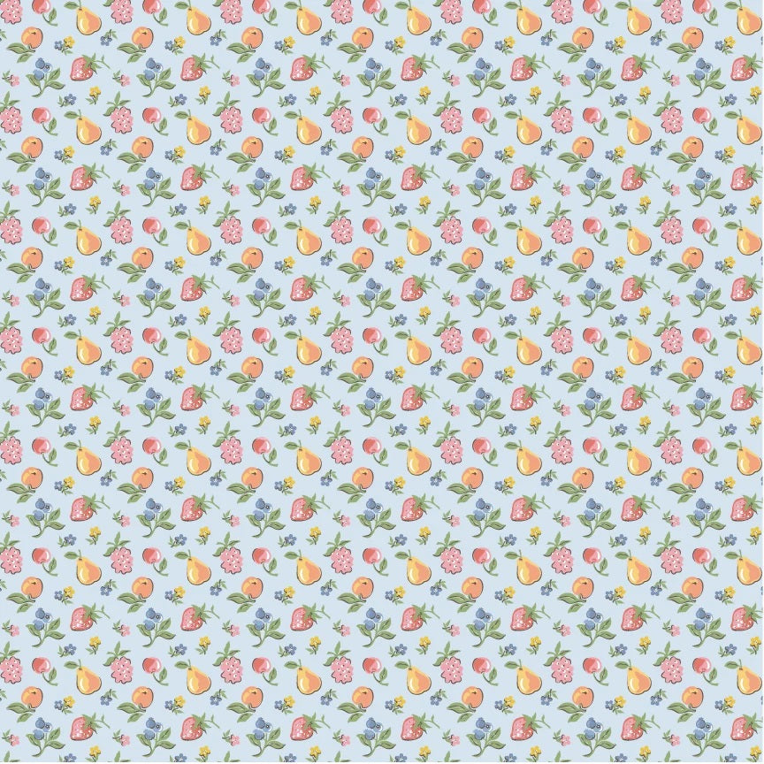 Homegrown Preserves Blue U-Pick Fruit Yardage by Sheri McCulley for Poppie Cotton Fabrics