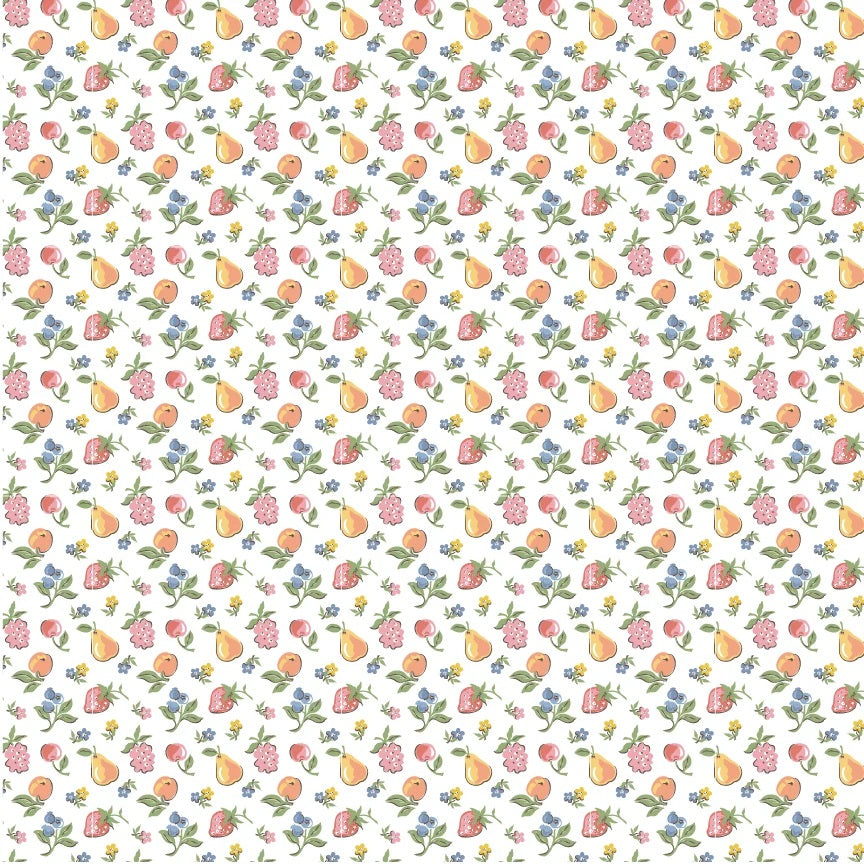 Homegrown Preserves White U-Pick Fruit Yardage by Sheri McCulley for Poppie Cotton Fabrics