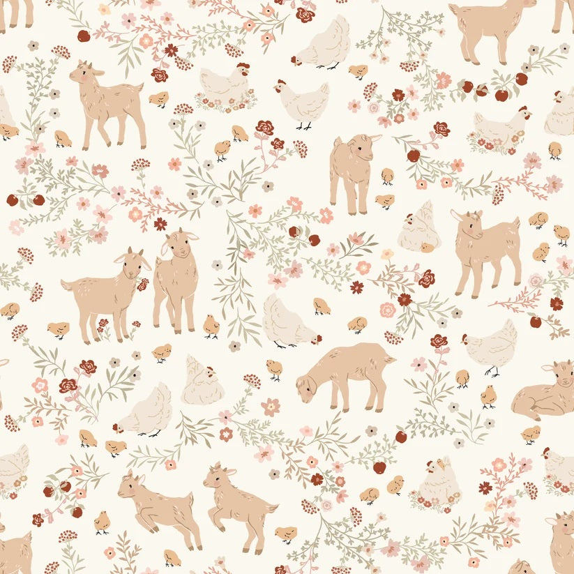 Primrose & Parsley White Barnyard Babies Yardage by Michal Marko for Poppie Cotton Fabrics
