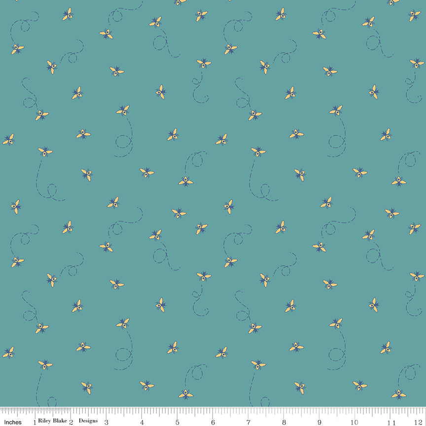 Daisy Fields Teal Sparkle Bees Yardage by Beverly McCullough for Riley Blake Designs