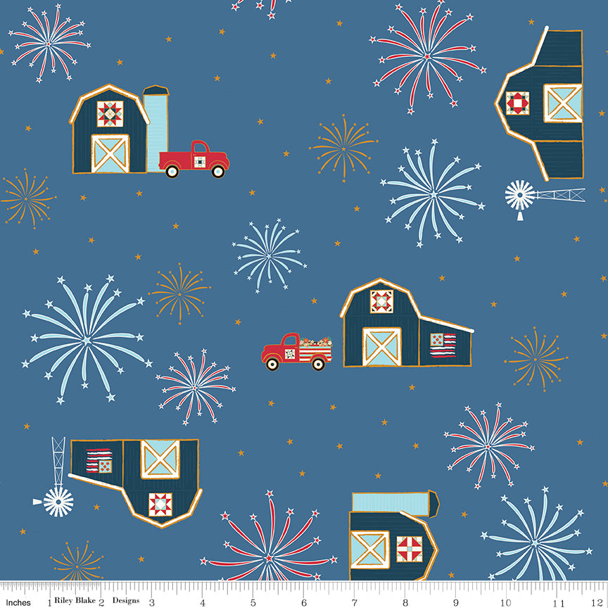 Sweet Freedom Denim Barns Yardage by Beverly McCullough for Riley Blake Designs