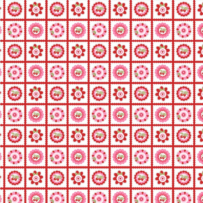 Smitten Chicken Red Petits Fours Yardage by Lori Woods for Poppie Cotton Fabrics
