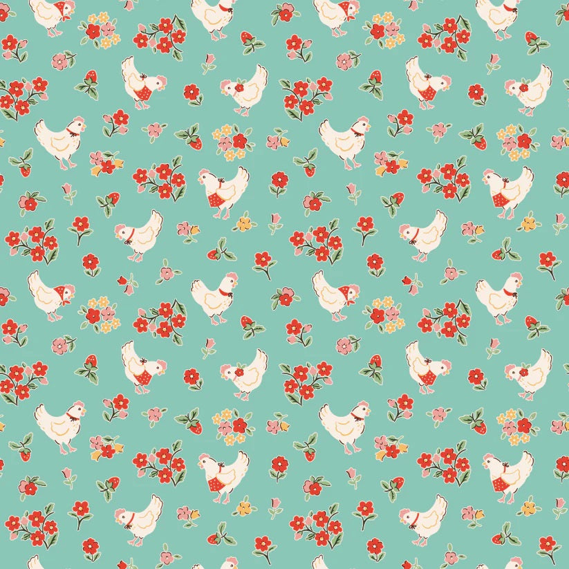 Farmhouse Fancy Teal Spring Chicken Yardage by Elea Lutz for Poppie Cotton Fabrics