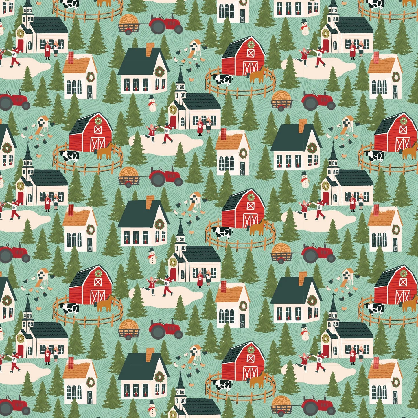 Prairie Christmas Teal A Winter Scene Yardage by Amanda Grace for Poppie Cotton Fabrics