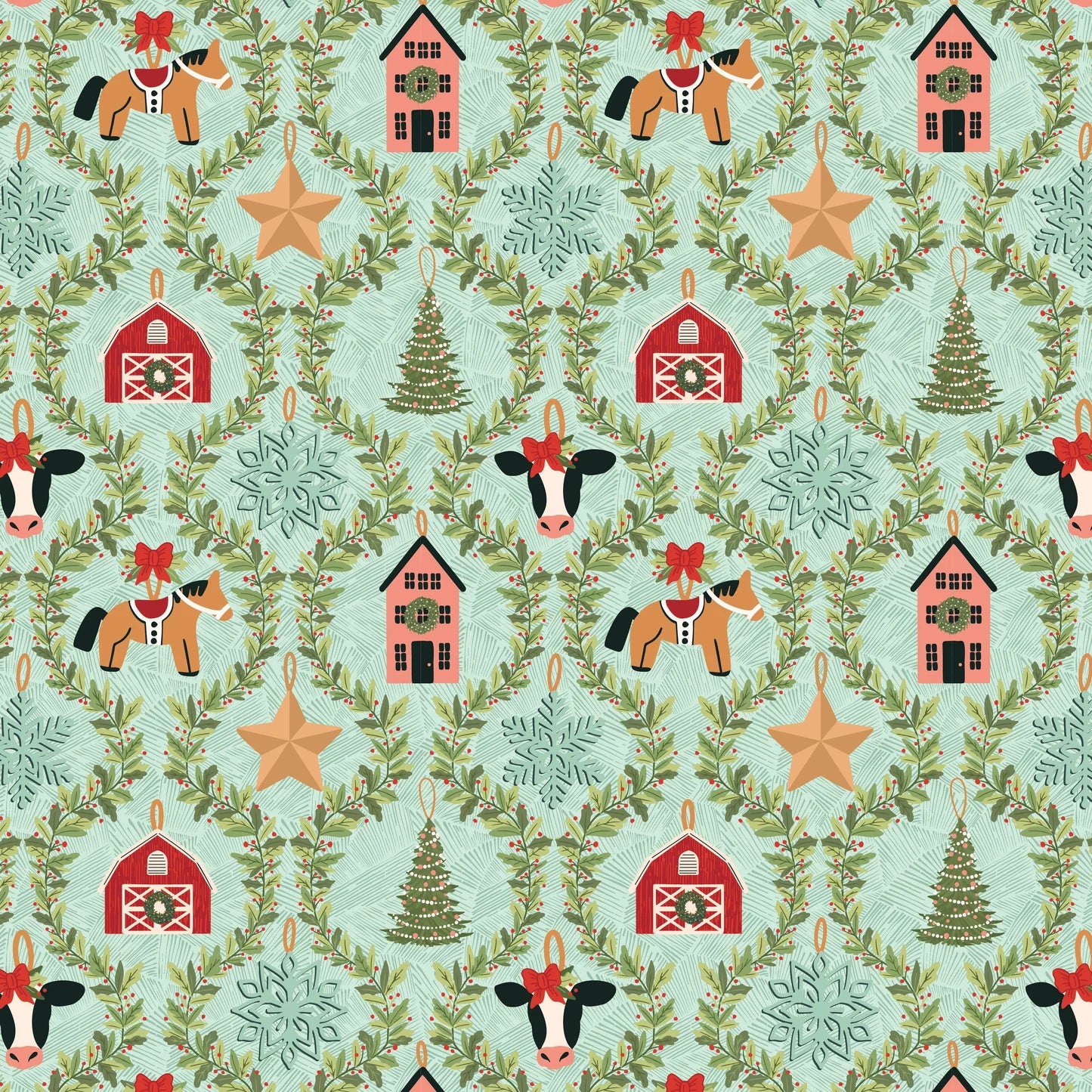 Prairie Christmas Teal Country Ornaments Tree Yardage by Amanda Grace for Poppie Cotton Fabrics