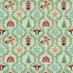 Prairie Christmas Teal Country Ornaments Tree Yardage by Amanda Grace for Poppie Cotton Fabrics