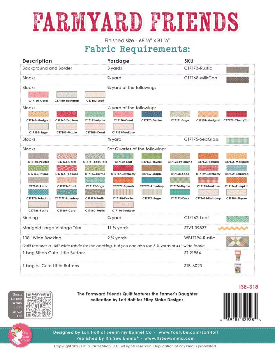 Farmyard Friends Quilt Pattern by Lori Holt of Bee in my Bonnet for It's Sew Emma