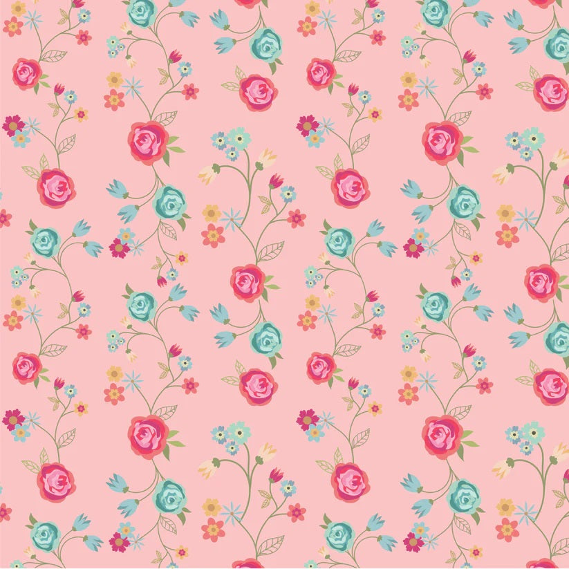 Calico Cowgirls Pink Floral & Vines Yardage by Lori Woods for Poppie Cotton Fabrics