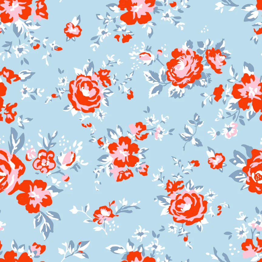 Elise Sky Blue Prize Rose Yardage by Terri Henson for Poppie Cotton Fabrics