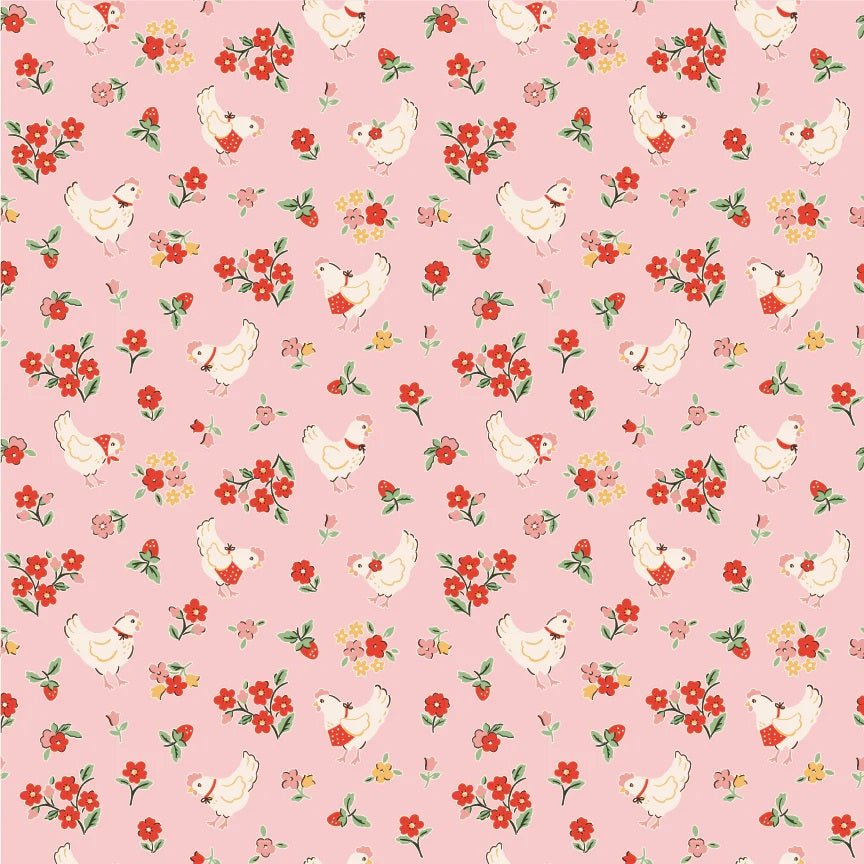 Farmhouse Fancy Pink Spring Chicken Yardage by Elea Lutz for Poppie Cotton Fabrics