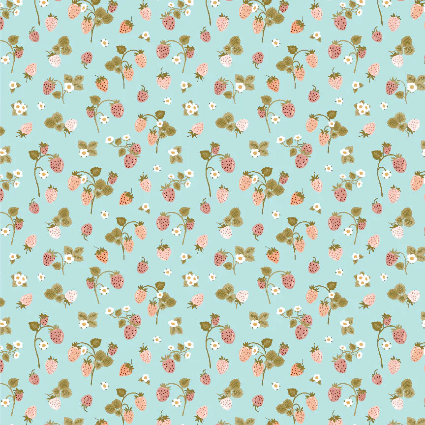 Promise Me Blue Strawberry Bouquet Yardage by Michal Marko for Poppie Cotton Fabrics