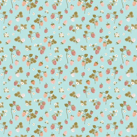 Promise Me Blue Strawberry Bouquet Yardage by Michal Marko for Poppie Cotton Fabrics
