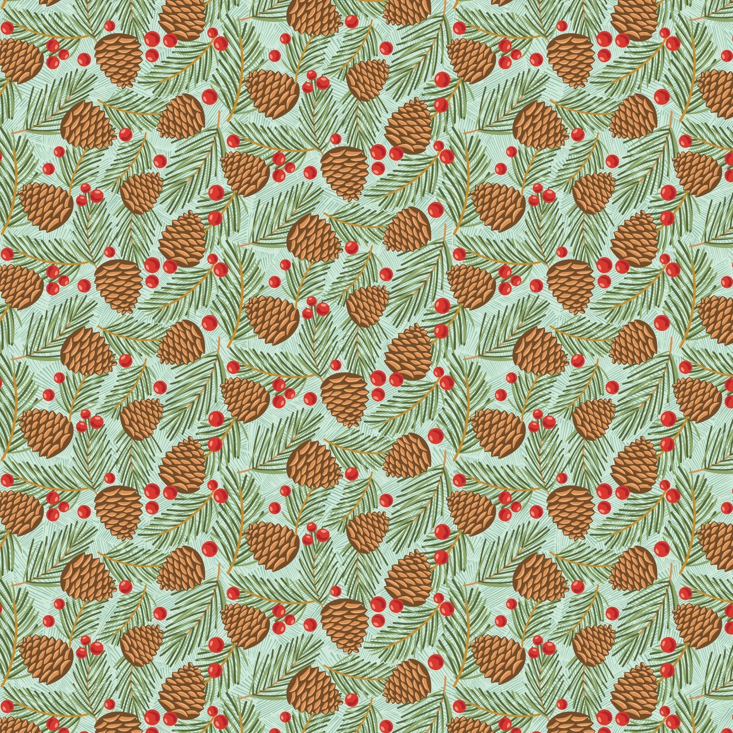 Prairie Christmas Teal Traditional Pine Cones Tree Yardage by Amanda Grace for Poppie Cotton Fabrics