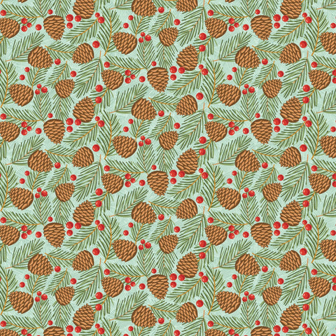 Prairie Christmas Teal Traditional Pine Cones Tree Yardage by Amanda Grace for Poppie Cotton Fabrics
