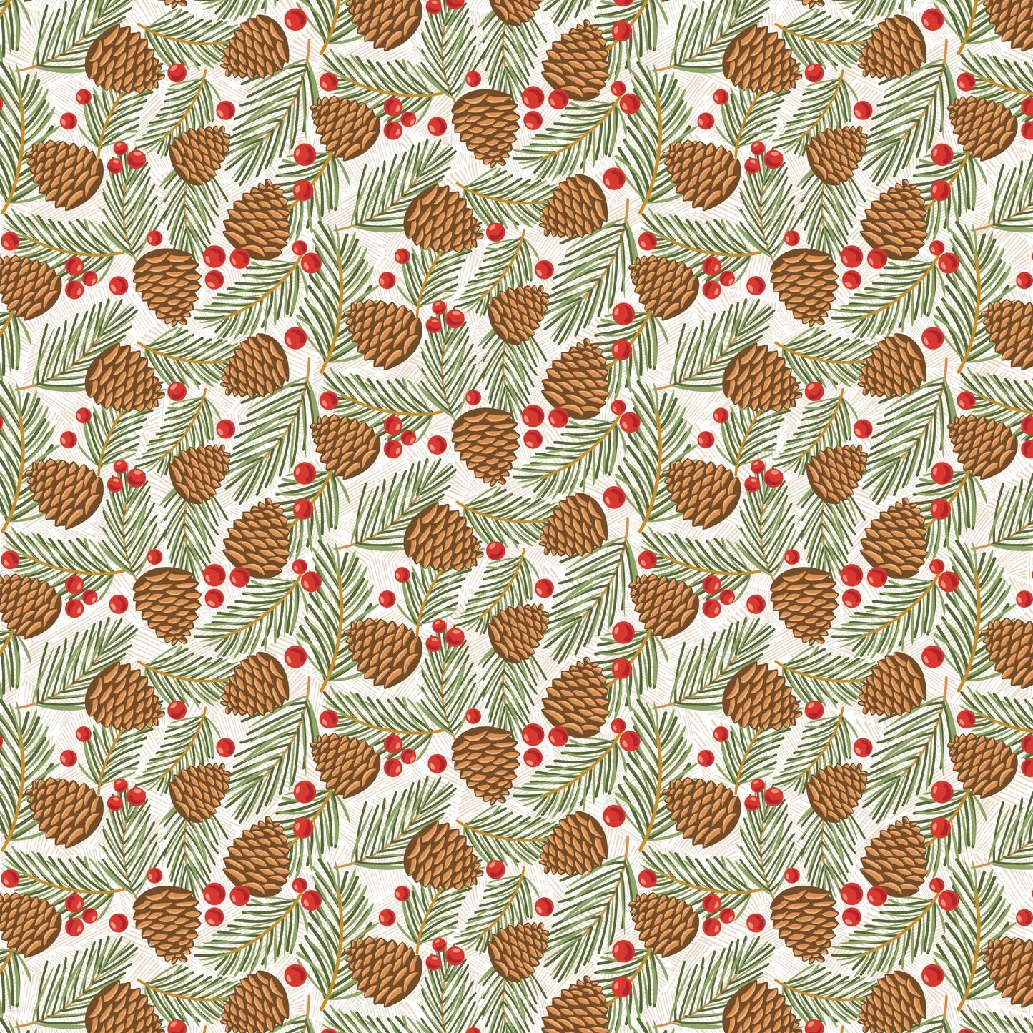 Prairie Christmas White Traditional Pine Cones Tree Yardage by Amanda Grace for Poppie Cotton Fabrics