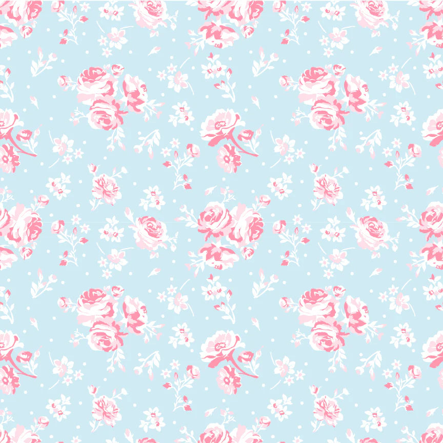 Elise Sky Blue Vintage Rose Yardage by Terri Henson for Poppie Cotton Fabrics