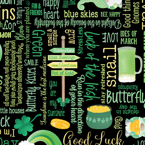 Luck Of The Gnomes Black Lucky Words Yardage by Andi Metz for Benartex