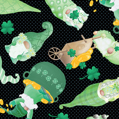 Luck Of The Gnomes Black Tossed Lucky Gnomes Yardage by Andi Metz for Benartex