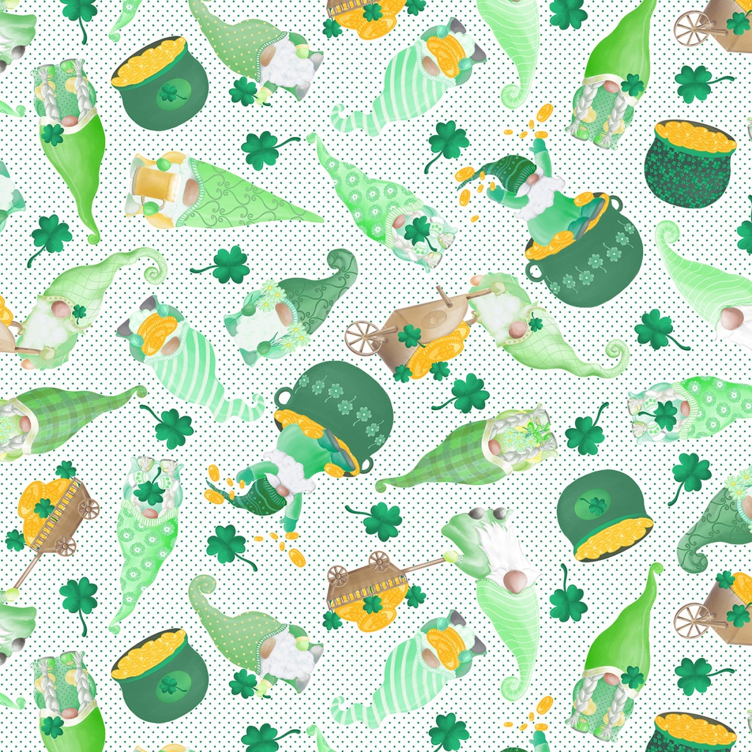 Luck Of The Gnomes White Tossed Lucky Gnomes Yardage by Andi Metz for Benartex