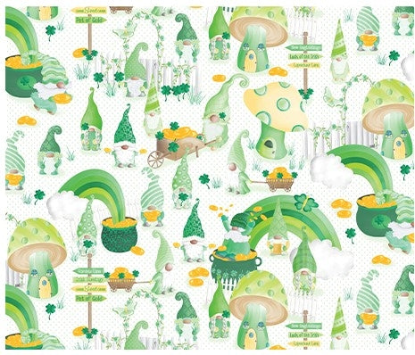 Luck Of The Gnomes White/Green Lucky Gnome Scenic Yardage by Andi Metz for Benartex