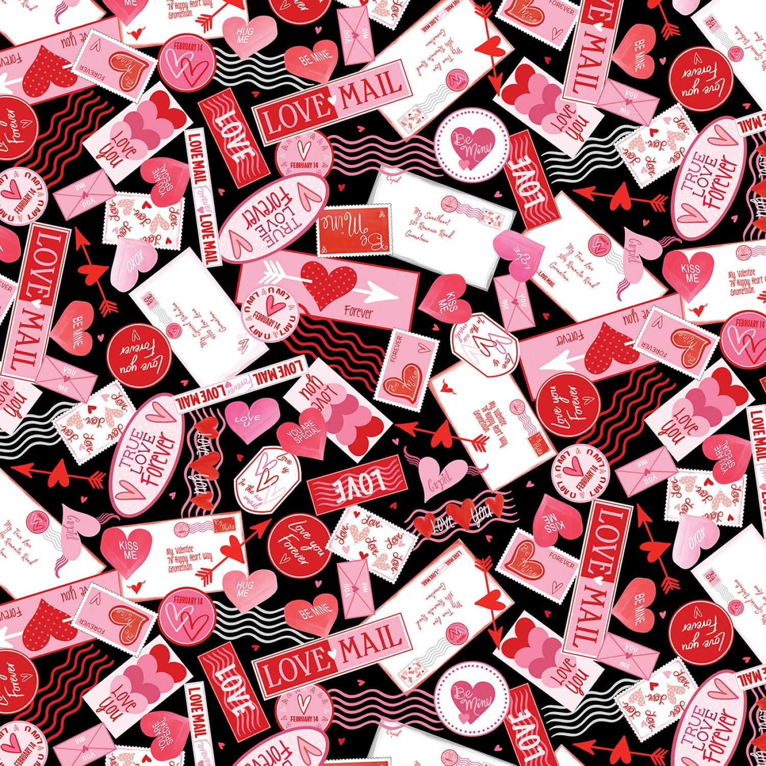 Be My Gnomie Black Love Letters Yardage by Andi Metz for Benartex