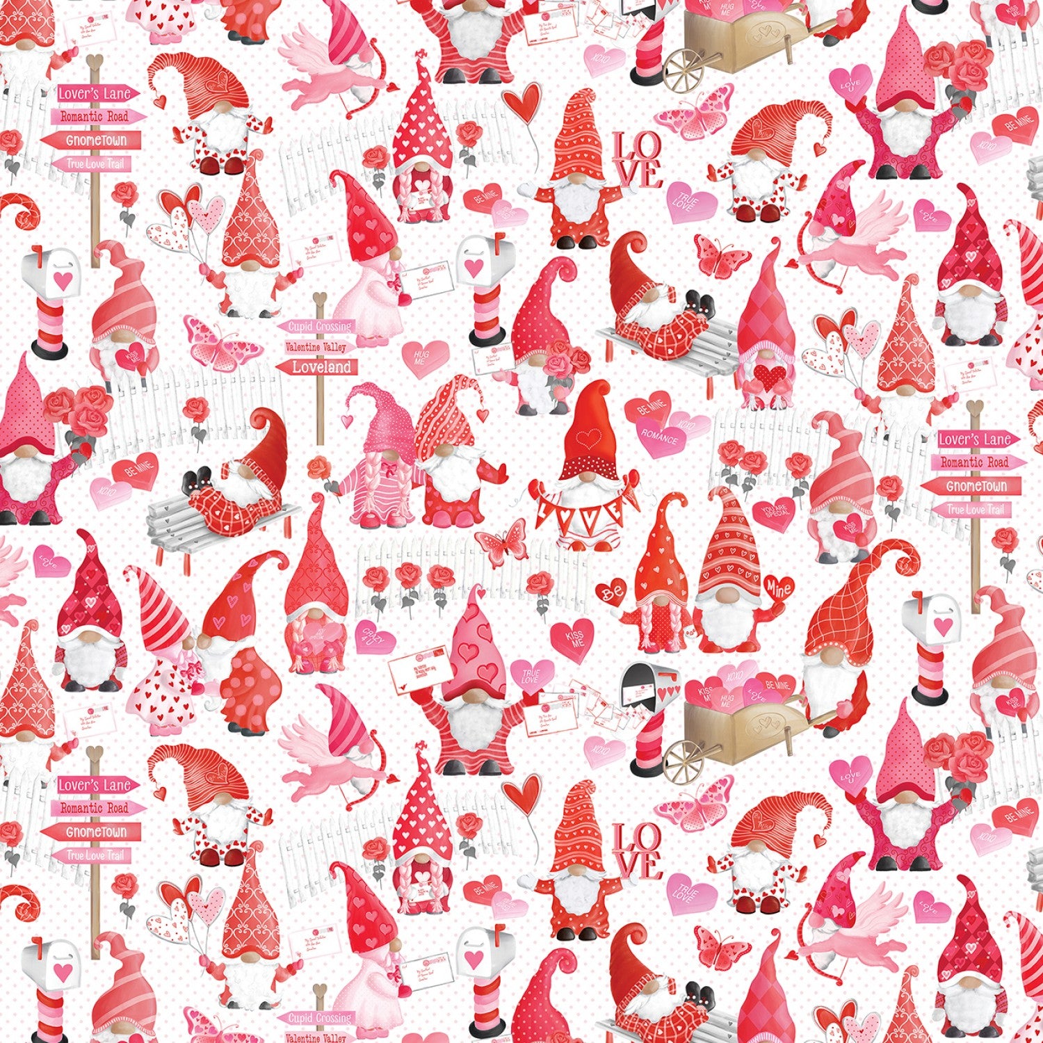 Be My Gnomie White Valentine Valley Yardage by Andi Metz for Benartex