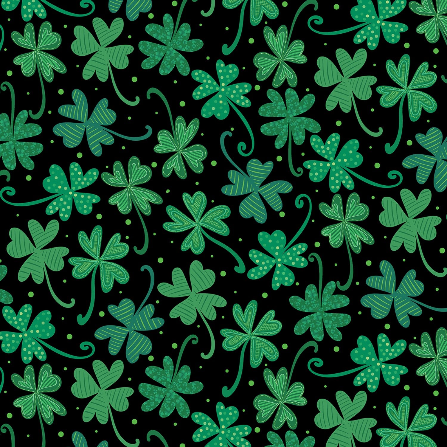 Luck Of The Gnomes Black Lucky Shamrocks Yardage by Andi Metz for Benartex