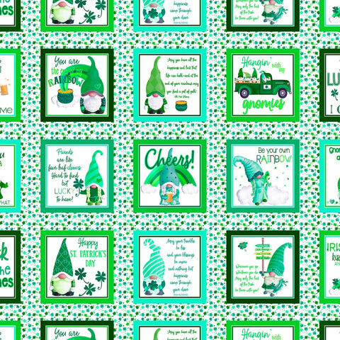 Luck Of The Gnomes White/Green Lucky Gnome Boxes Yardage by Andi Metz for Benartex