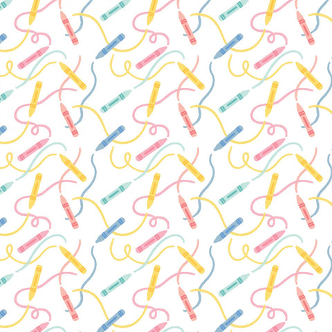Teachers Rule White Crayons yardage by Camelot Fabrics