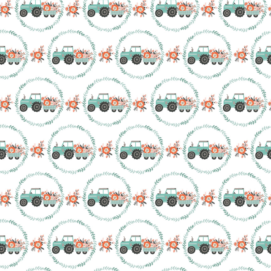 My Heart Belongs To My Farmer White Tractor Pull Yardage by Lori Woods for Poppie Cotton Fabrics