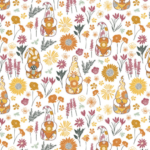 Harvest Time White Gnome Worry Be Happy Yardage designed by Vicky Yorke for Camelot Fabrics