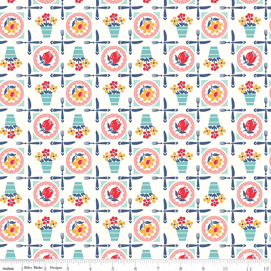 Cook Book Coral Luncheon Yardage by Lori Holt for Riley Blake Designs